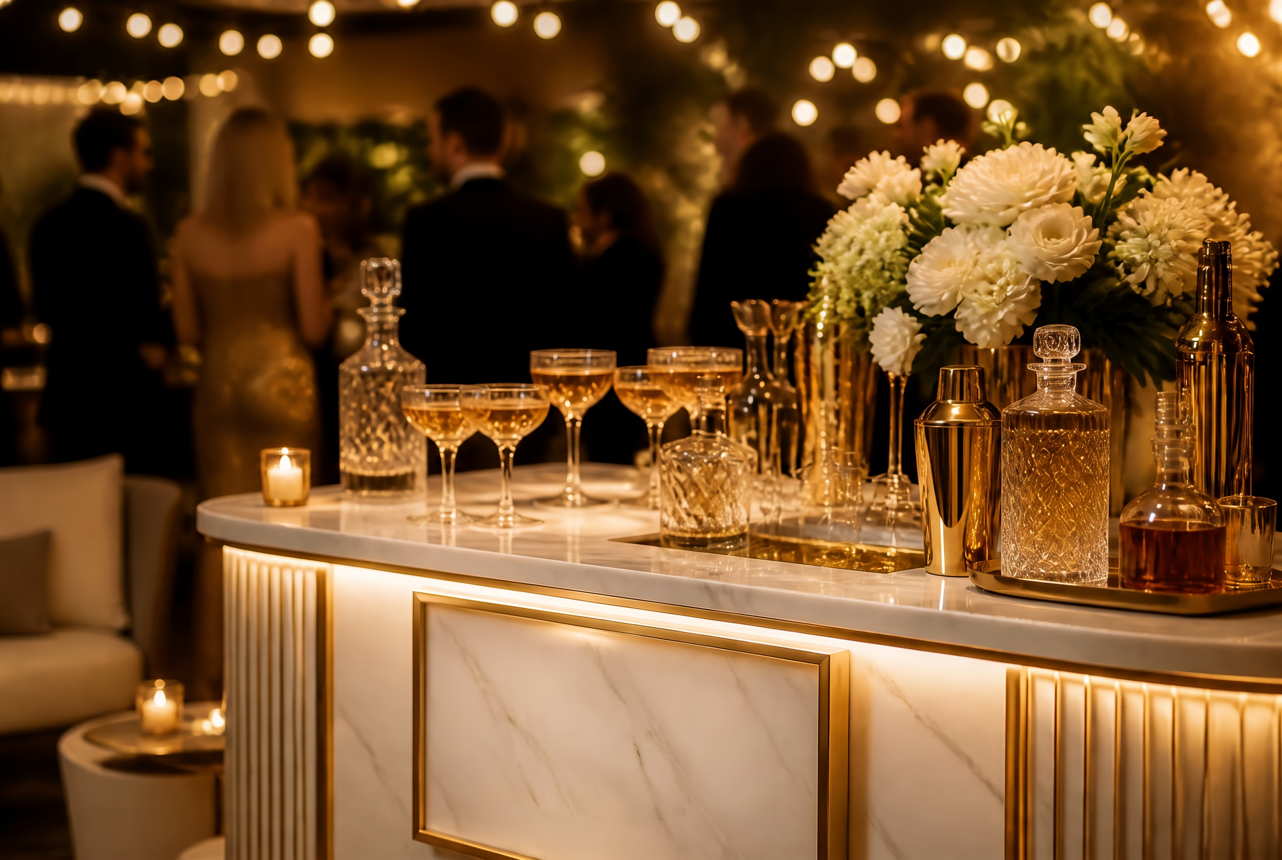 Luxury marble and gold mobile bar styled with crystal glassware at an upscale evening celebration